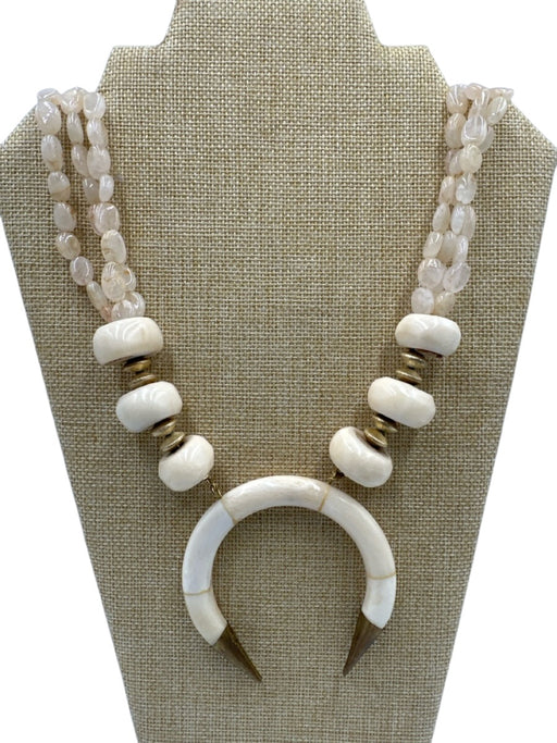 Cream, Beige, Gold Bone Quartz Crescent Toggle Clasp Multi Strand Necklace Cream, Beige, Gold