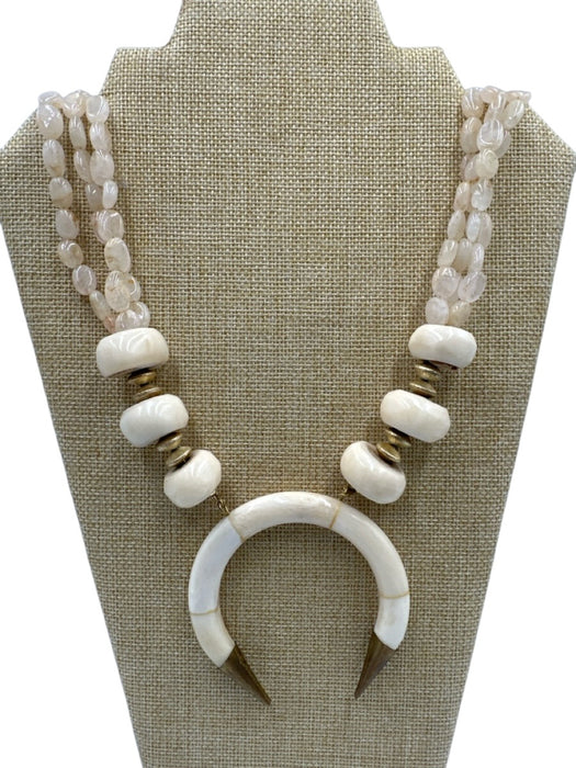 Cream, Beige, Gold Bone Quartz Crescent Toggle Clasp Multi Strand Necklace Cream, Beige, Gold
