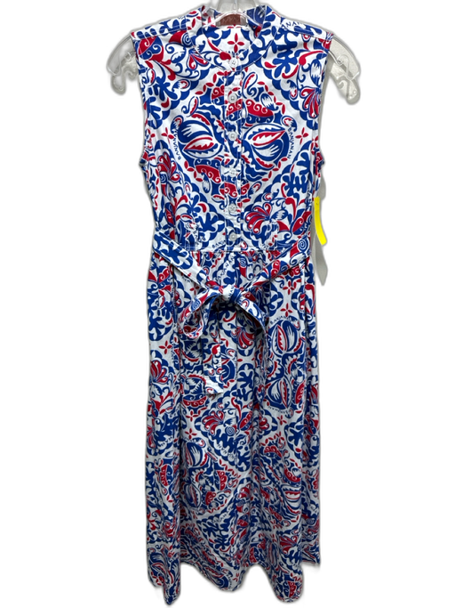 Banjanan Size XS White, Blue, Red Cotton Abstract Print Quarter Button Dress White, Blue, Red / XS