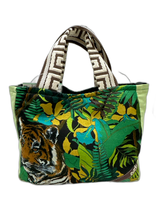 Green, Brown, Multi Silk Pleather Magnetic Clasp Top Handles Hand Bag Green, Brown, Multi / S