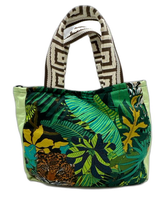 Green, Brown, Multi Silk Pleather Magnetic Clasp Top Handles Hand Bag Green, Brown, Multi / S