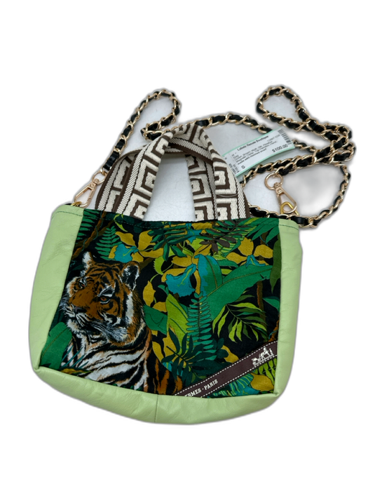 Green, Brown, Multi Silk Pleather Magnetic Clasp Top Handles Hand Bag Green, Brown, Multi / S