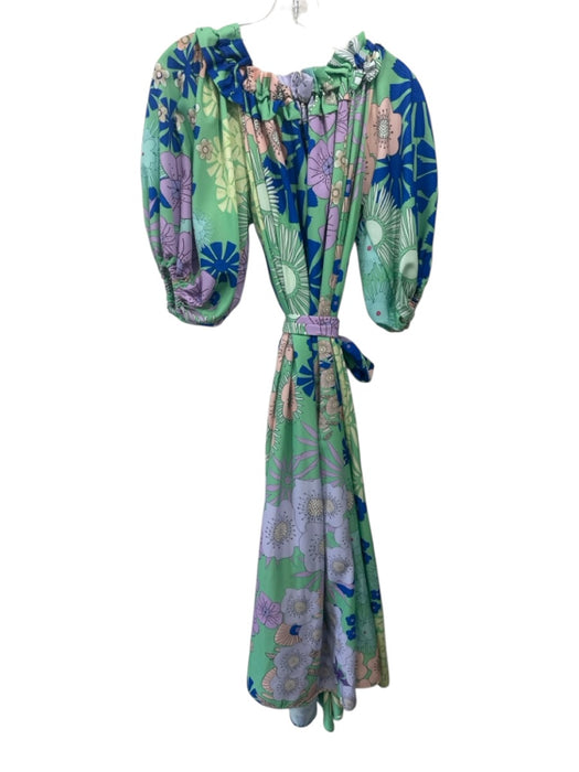 OOPSCOOL Size XS Green & Multi Polyester Puff Short Sleeve Floral Print Dress Green & Multi / XS