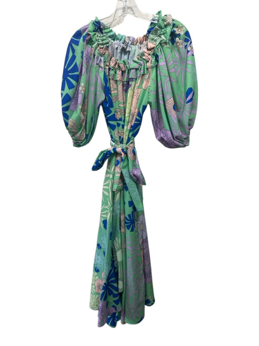 OOPSCOOL Size XS Green & Multi Polyester Puff Short Sleeve Floral Print Dress Green & Multi / XS