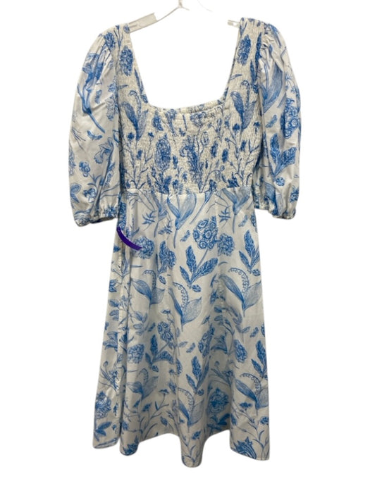 Olivia James the Label Size XS Blue & White Cotton Short Puff Sleeve Midi Dress Blue & White / XS