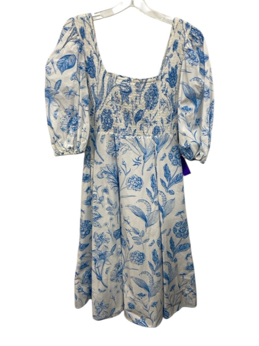 Olivia James the Label Size XS Blue & White Cotton Short Puff Sleeve Midi Dress Blue & White / XS