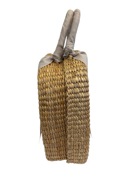 MME. Mink Beige & Gray Wicker Grosgrain Ribbon Woven Top Handle Basket Bag Beige & Gray / L