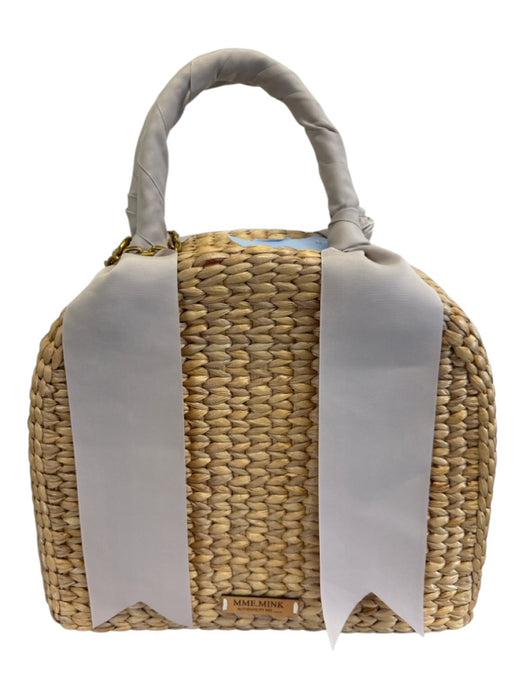 MME. Mink Beige & Gray Wicker Grosgrain Ribbon Woven Top Handle Basket Bag Beige & Gray / L