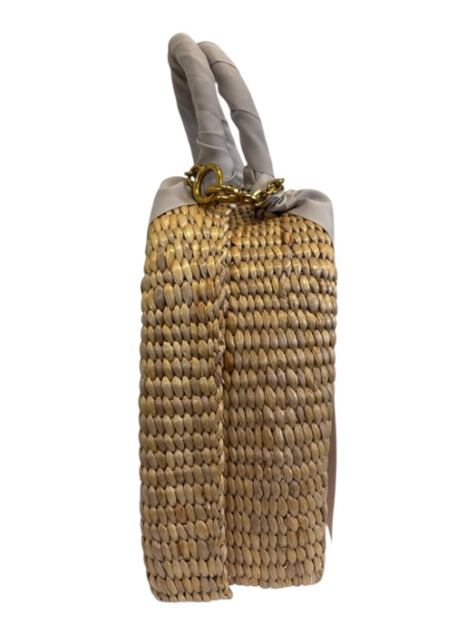 MME. Mink Beige & Gray Wicker Grosgrain Ribbon Woven Top Handle Basket Bag Beige & Gray / L