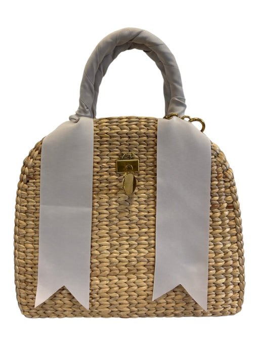 MME. Mink Beige & Gray Wicker Grosgrain Ribbon Woven Top Handle Basket Bag Beige & Gray / L
