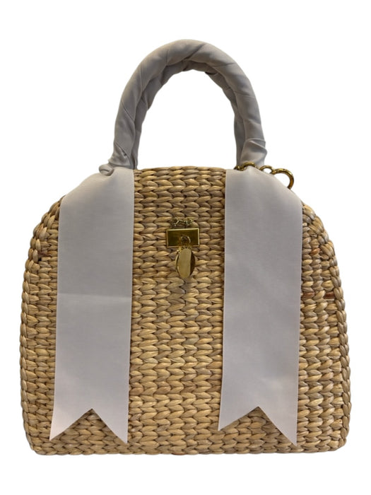 MME. Mink Beige & Gray Wicker Grosgrain Ribbon Woven Top Handle Basket Bag Beige & Gray / L