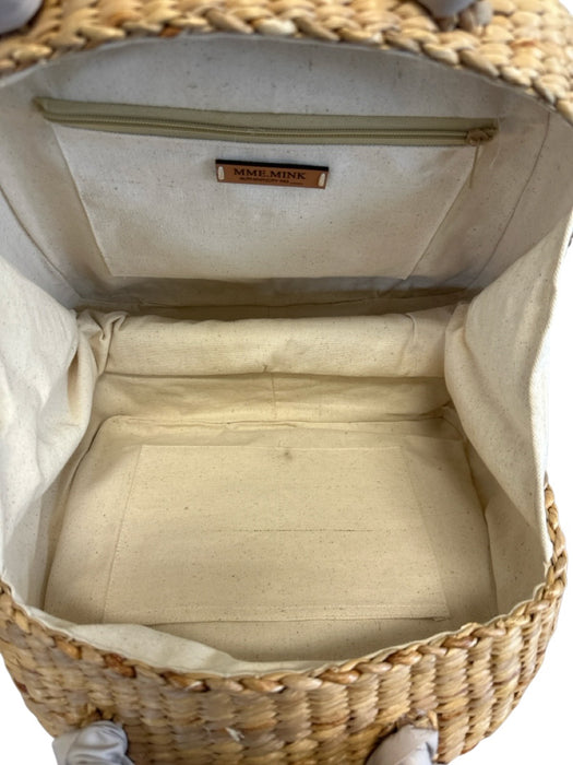 MME. Mink Beige & Gray Wicker Grosgrain Ribbon Woven Top Handle Basket Bag Beige & Gray / L