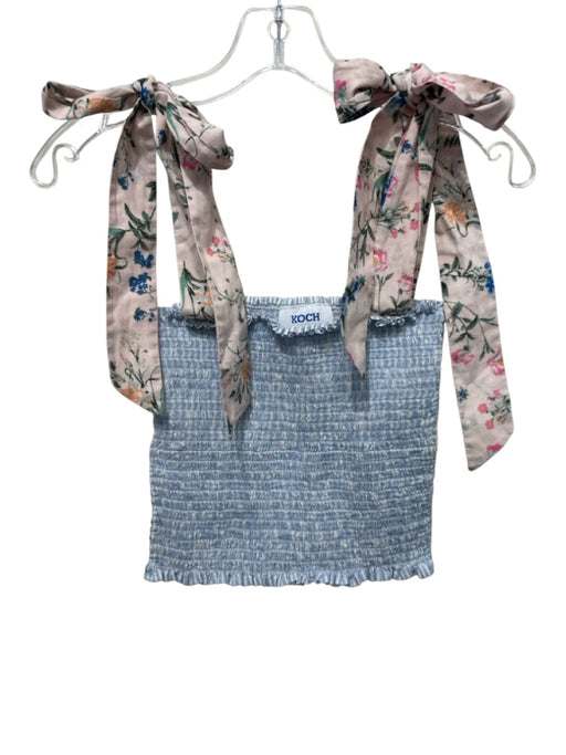 Koch Size XS Blue & Beige Cotton Shoulder Tie Smocked Bodice Crop Top Blue & Beige / XS