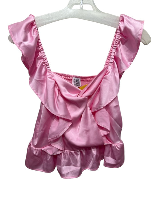 Cake for Dinner Size S Pink Polyester Satin Ruffle Cap Sleeve Peplum Crop Top Pink / S