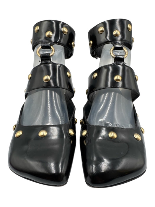 Chloe Shoe Size 41 Black & Gold Leather Square Toe Studded Ankle Strap Flats Black & Gold / 41