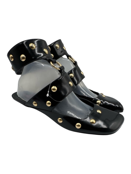 Chloe Shoe Size 41 Black & Gold Leather Square Toe Studded Ankle Strap Flats Black & Gold / 41