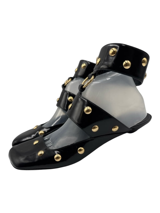 Chloe Shoe Size 41 Black & Gold Leather Square Toe Studded Ankle Strap Flats Black & Gold / 41