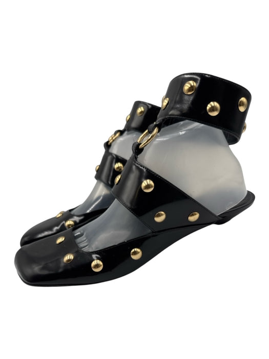 Chloe Shoe Size 41 Black & Gold Leather Square Toe Studded Ankle Strap Flats Black & Gold / 41