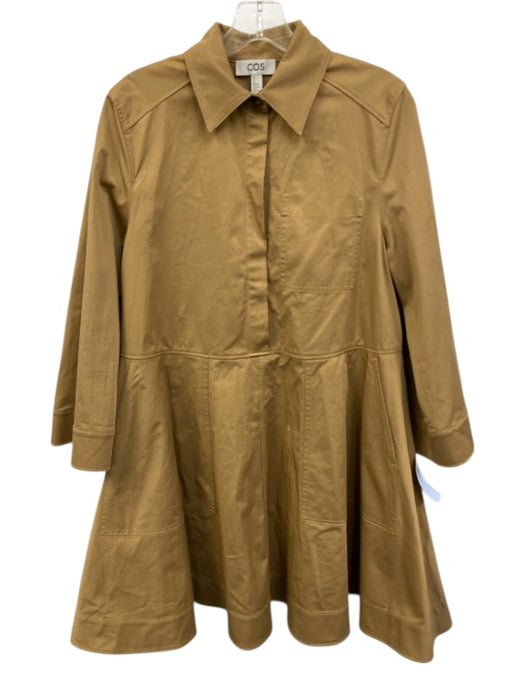 COS Size 4 Camel Tan Cotton Blend Quarter Button 3/4 Sleeve Above Knee Dress Camel Tan / 4