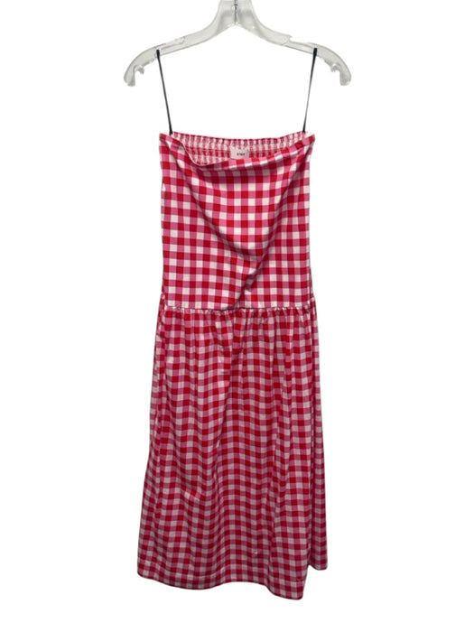 S/W/F Size XS Pink, Red, White Cotton Shirred Back Ginham Strapless Midi Dress Pink, Red, White / XS
