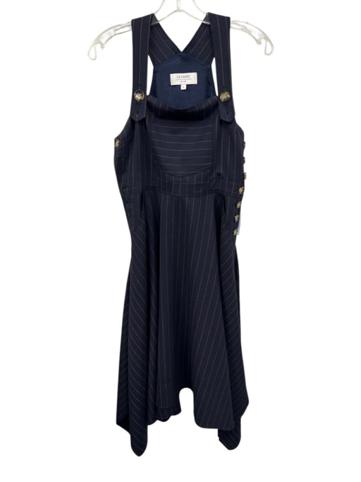 La Ligne Size S Navy Blue & Brown Wool Blend Pinstripe Button Detail Midi Dress Navy Blue & Brown / S