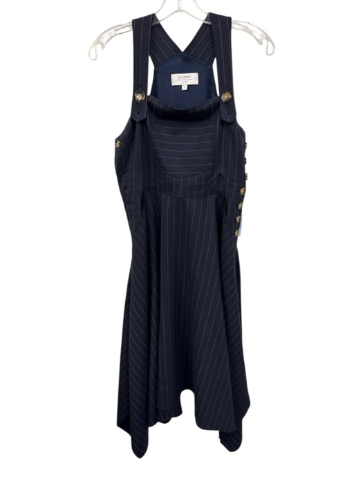 La Ligne Size S Navy Blue & Brown Wool Blend Pinstripe Button Detail Midi Dress Navy Blue & Brown / S