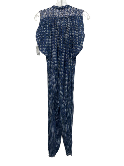 Doen Size S Blue & Cream Cotton Button Down Geometric Cap Sleeve Jumpsuit Blue & Cream / S