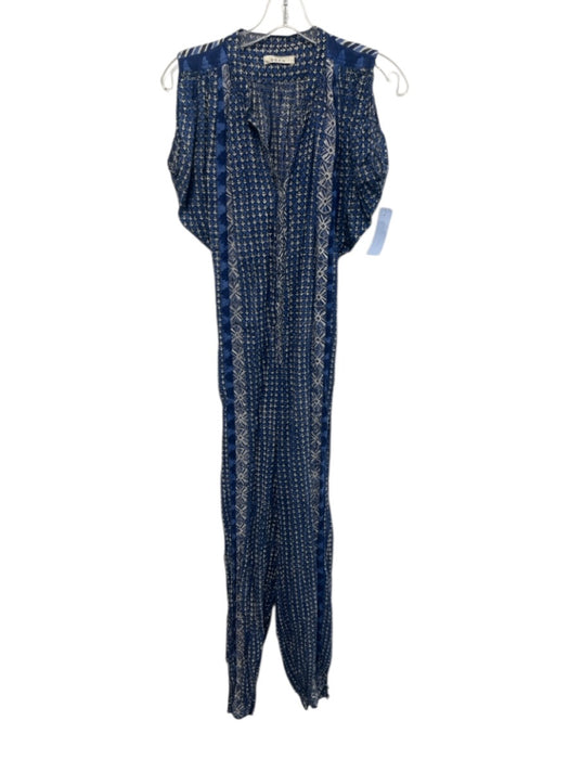 Doen Size S Blue & Cream Cotton Button Down Geometric Cap Sleeve Jumpsuit Blue & Cream / S