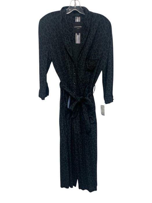 Le Superbe Size 6 Dark Green & Black Rayon Blend Button Down Leopard Jumpsuit Dark Green & Black / 6