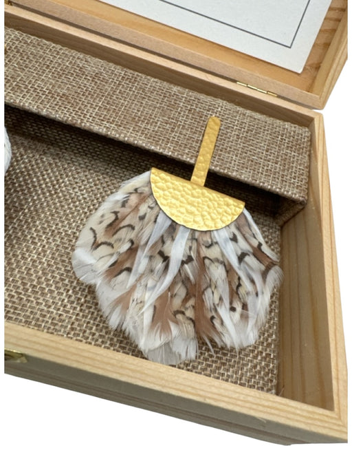 Brackish Gold, Brown, white 24K Gold Plated Post Back feathers Hammered Earrings Gold, Brown, white