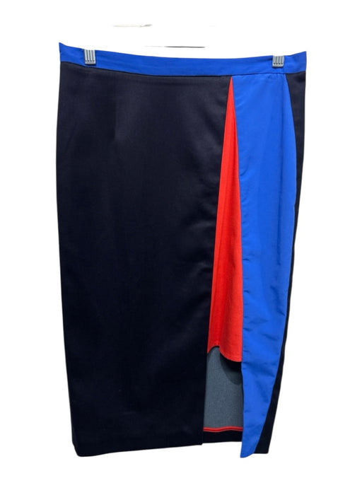 Katherine Kidd Size 6 Navy Blue & Orange Cotton Blend Midi Pencil Back Zip Skirt Navy Blue & Orange / 6