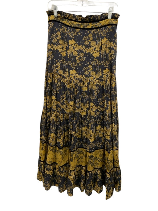 Carolina K Size Medium Yellow & Navy Blue Cotton Tiered Floral Velvet Trim Skirt Yellow & Navy Blue / Medium