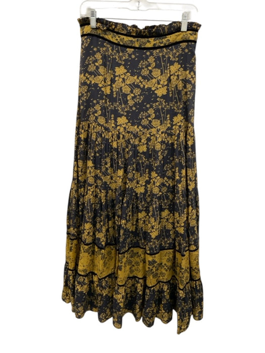 Carolina K Size Medium Yellow & Navy Blue Cotton Tiered Floral Velvet Trim Skirt Yellow & Navy Blue / Medium