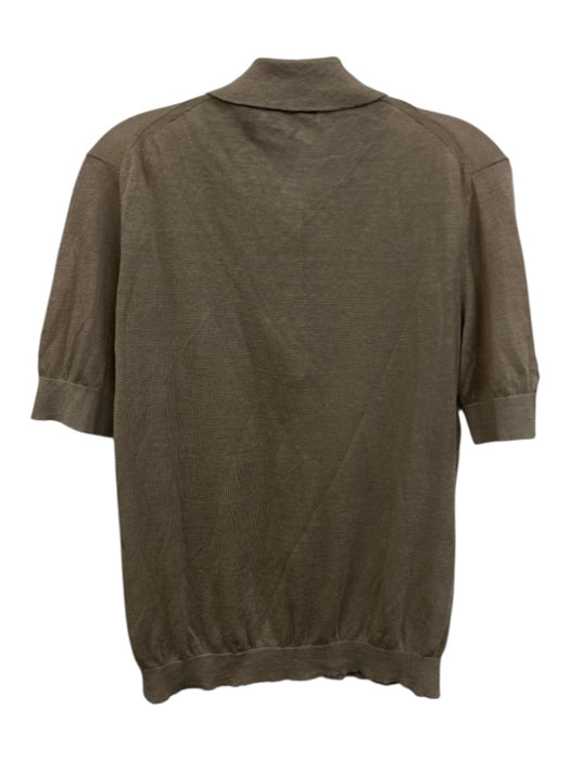 Theory Size Small Taupe Beige Linen Blend Short Sleeve Knit Quarter Button Top Taupe Beige / Small