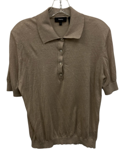 Theory Size Small Taupe Beige Linen Blend Short Sleeve Knit Quarter Button Top Taupe Beige / Small