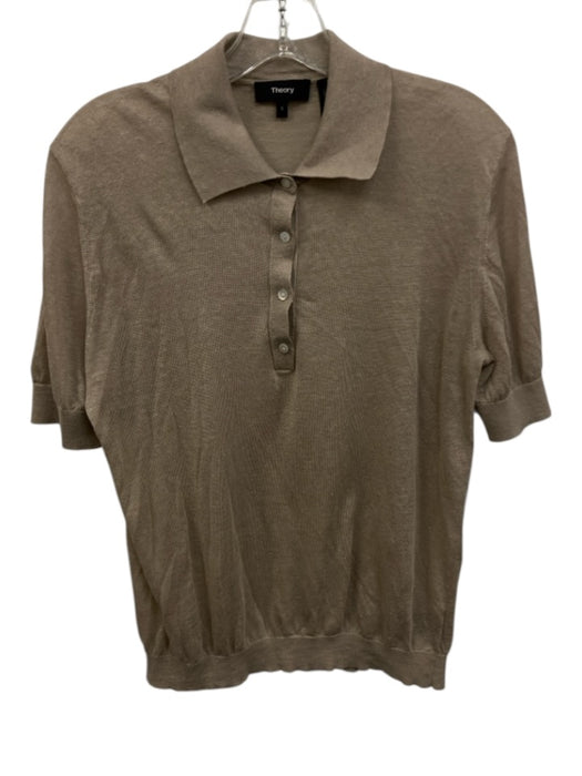 Theory Size Small Taupe Beige Linen Blend Short Sleeve Knit Quarter Button Top Taupe Beige / Small