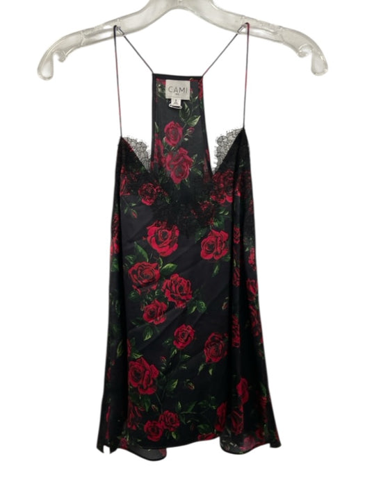 Cami NYC Size Small Black, Red, Green Silk Spaghetti Strap Roses Lace Trim Top Black, Red, Green / Small