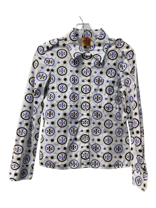 Tory Burch Size Est S White & Purple Cotton Collared Long Sleeve Button Up Top White & Purple / Est S