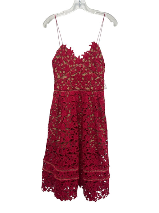 Self-Portrait Size 4 Pink Red & Beige Polyester Floral Lace Overlay Dress Pink Red & Beige / 4