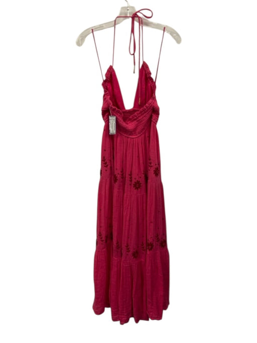 Free People Size XS Pink Cotton Tie Neck Floral Embroidery Midi Open Back Dress Pink / XS