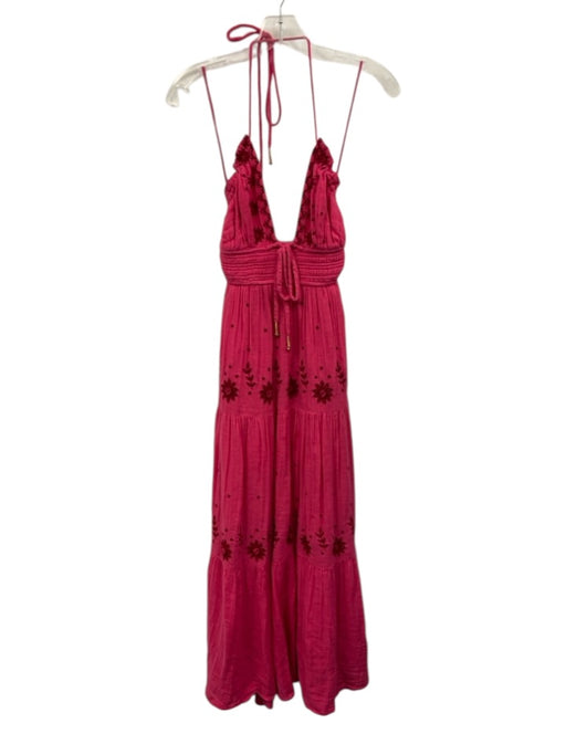 Free People Size XS Pink Cotton Tie Neck Floral Embroidery Midi Open Back Dress Pink / XS