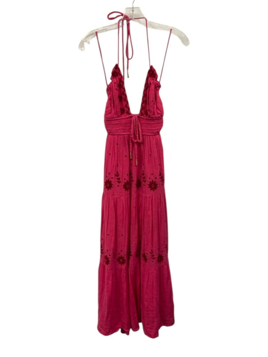 Free People Size XS Pink Cotton Tie Neck Floral Embroidery Midi Open Back Dress Pink / XS