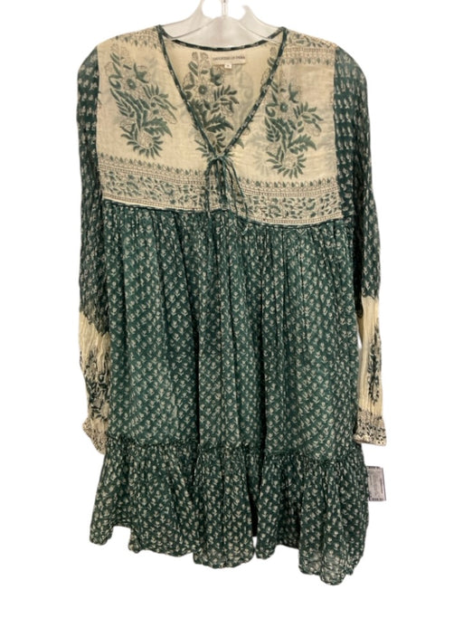 Daughters of India Size M Green & Beige Cotton Long Sleeve Floral Dress Green & Beige / M