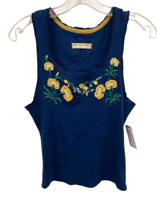 We The Free Size XS Blue, Yellow, Multi Cotton Floral Embroidered Ribbed Top Blue, Yellow, Multi / XS