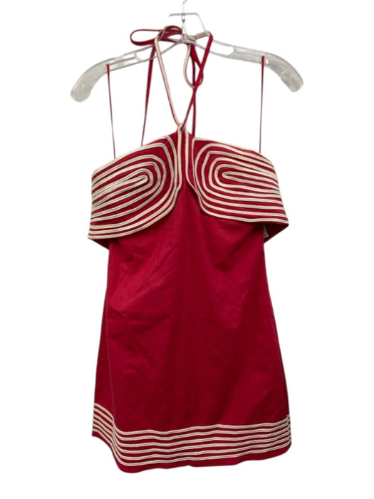 TCEC Size M Red & White Cotton Blend Embroidered Sleeveless Tie Neck Dress Red & White / M
