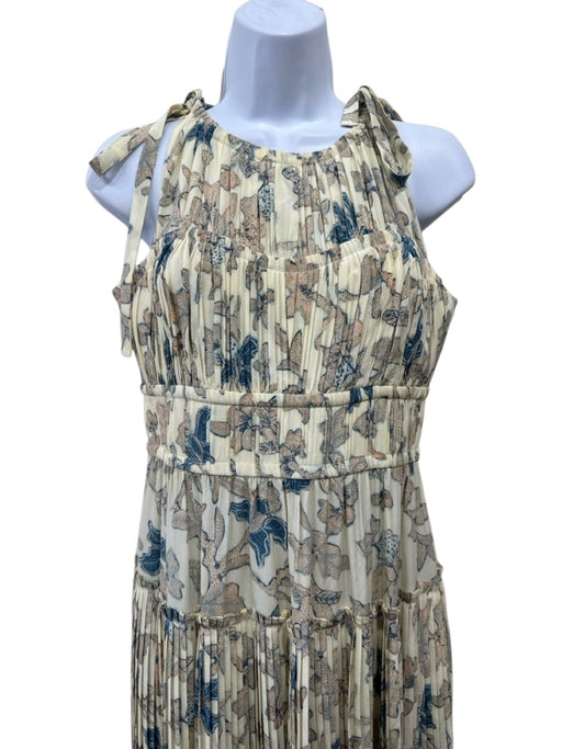 Ulla Johnson Size 4 Cream & Blue Silk Pleated Sleeveless Tiered Tie Straps Dress Cream & Blue / 4