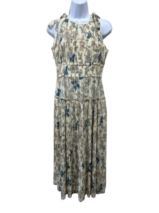 Ulla Johnson Size 4 Cream & Blue Silk Pleated Sleeveless Tiered Tie Straps Dress Cream & Blue / 4