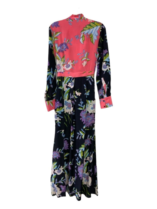 Diane Von Furstenberg Size 8 Black Pink Blue Silk Collared Button Up Maxi Dress Black Pink Blue / 8