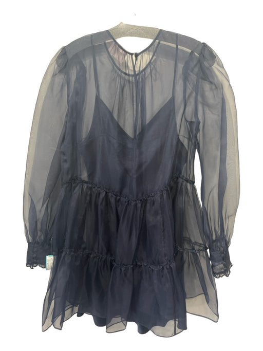 Cinq a Sept Size 10 Navy Sheer Overlay Long Sleeve Tiered Keyhole Back Dress Navy / 10