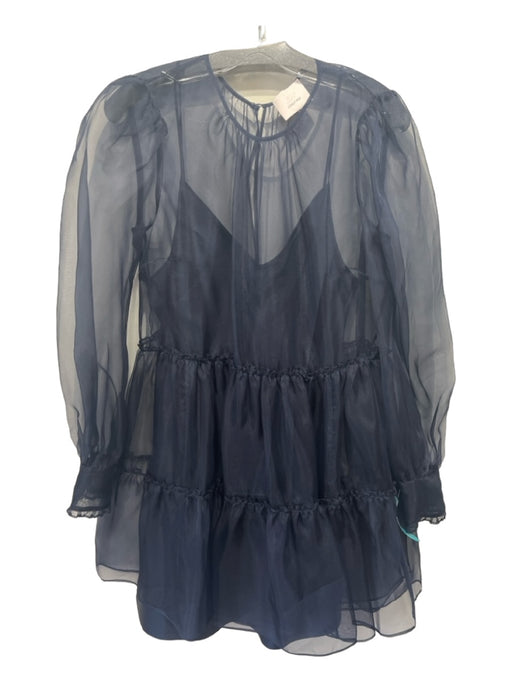 Cinq a Sept Size 10 Navy Sheer Overlay Long Sleeve Tiered Keyhole Back Dress Navy / 10